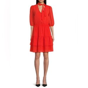 NWT Nanette Lepore Women’s Orange Red Tiered Neck Tie Mini Dress Size 8